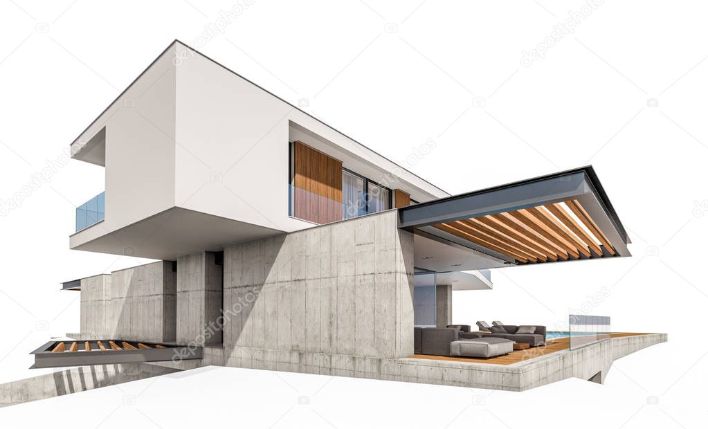 3d rendering of modern house on the hill with pool isolated on w