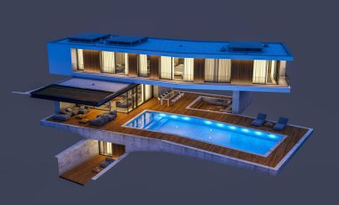 Gece isol havuz ile tepede modern evin 3d render