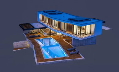 Gece isol havuz ile tepede modern evin 3d render