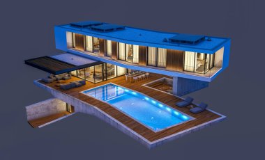 Gece isol havuz ile tepede modern evin 3d render