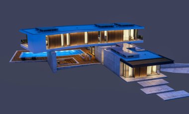 Gece isol havuz ile tepede modern evin 3d render