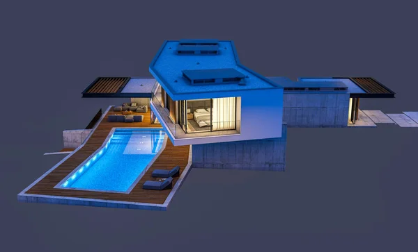 3D 渲染现代房子在山上与游泳池在晚上 isol — 图库照片