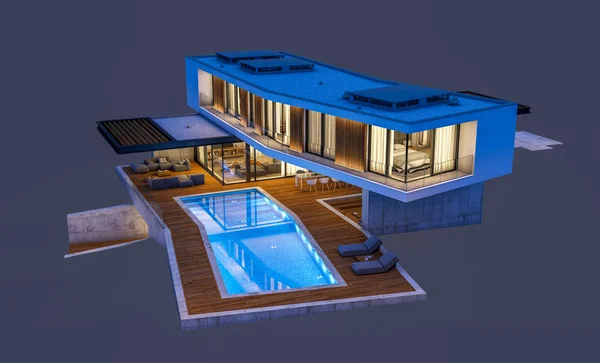 Renderowanie 3D nowoczesnego domu na wzgórzu z basenem w nocy Isol — Zdjęcie stockowe