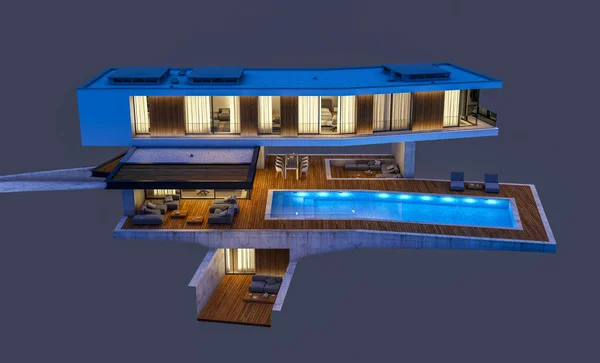 3d representación de casa moderna en la colina con piscina en la noche isol —  Fotos de Stock