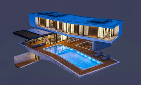 3D візуалізація сучасного будинку на пагорбі з басейном в нічній ізоляції — стокове фото