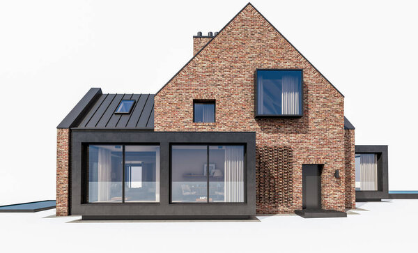 3d rendering of modern clinker house on the ponds with pool isol