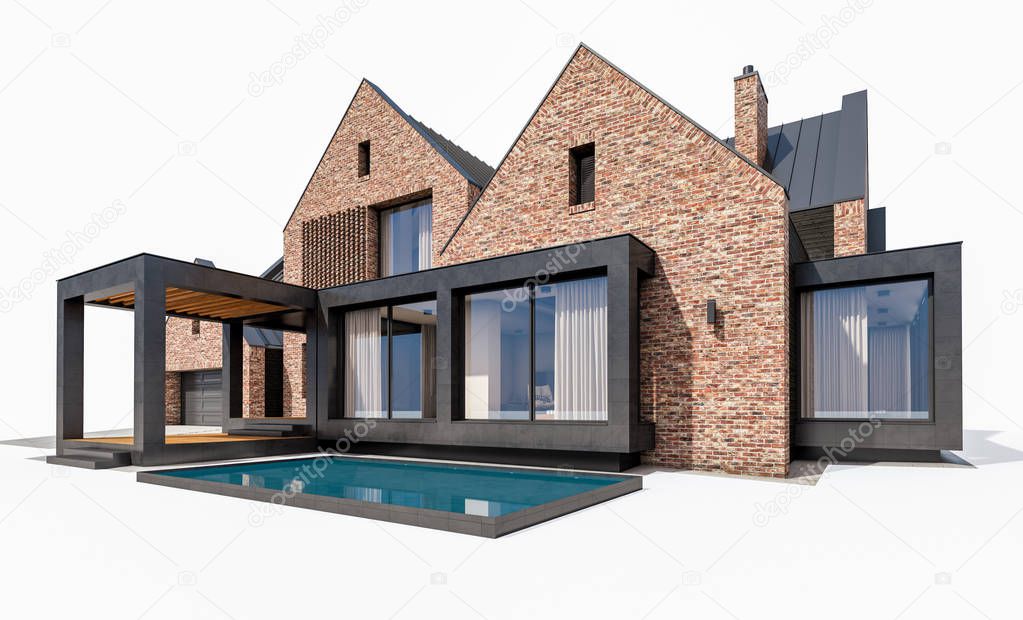 3d rendering of modern clinker house on the ponds with pool isol