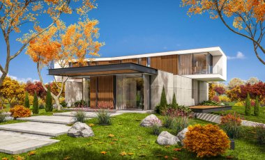 Sonbahar havuzu ile tepede modern evin 3D render