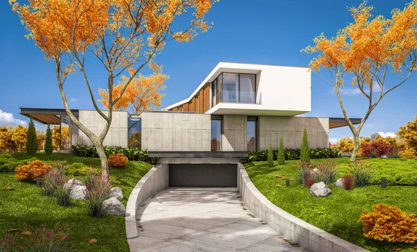 Renderowanie 3D nowoczesnego domu na wzgórzu z basenem jesienią — Zdjęcie stockowe
