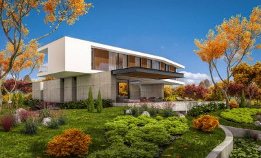 Sonbahar havuzu ile tepede modern evin 3D render