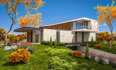 Sonbahar havuzu ile tepede modern evin 3D render