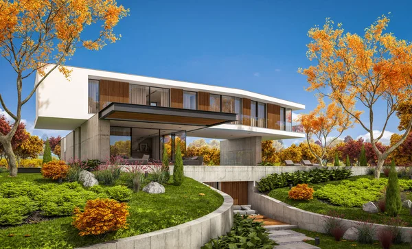 3d rendering of modern house on the hill with pool in autumn