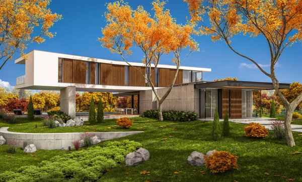 Sonbahar havuzu ile tepede modern evin 3D render — Stok fotoğraf
