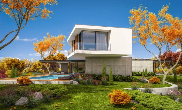 3d rendu de maison moderne sur la colline avec piscine en automne — Photo