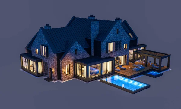 3D-rendering av modern klinker hus på dammarna med pool i n — Stockfoto