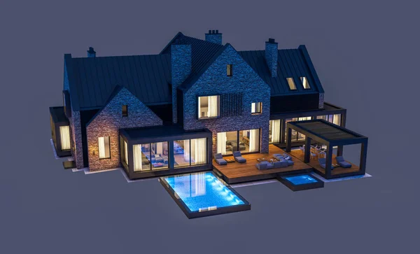 3D-Rendering des modernen Klinkerhauses an den Teichen mit Pool in n — Stockfoto