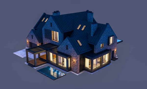 3D vykreslování domu moderní slínku na rybnících s bazénem v n — Stock fotografie