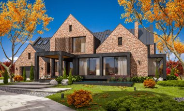 Bir havuz ile göletlerde modern klinker evin 3d render