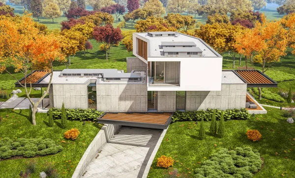 Rendering 3d della casa moderna sulla collina con piscina in autunno — Foto Stock