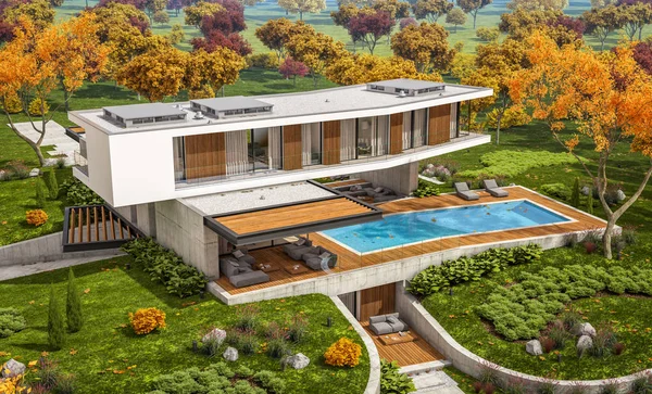 3D-Rendering des modernen Hauses auf dem Hügel mit Pool im Herbst — Stockfoto