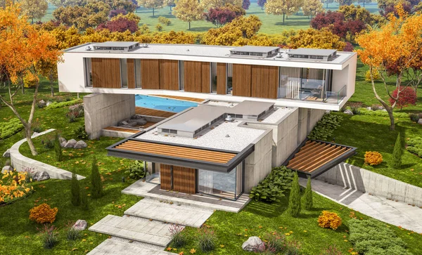 3d rendering of modern house on the hill with pool in autumn — Stock Photo, Image