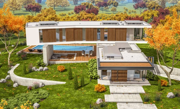 3D απόδοση του σύγχρονου σπιτιού στο λόφο με πισίνα το φθινόπωρο — Φωτογραφία Αρχείου