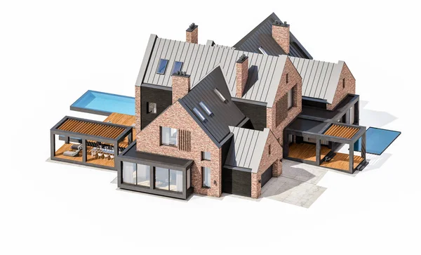 3D візуалізація сучасного клінкерного будинку на ставках з ізольованим басейном — стокове фото