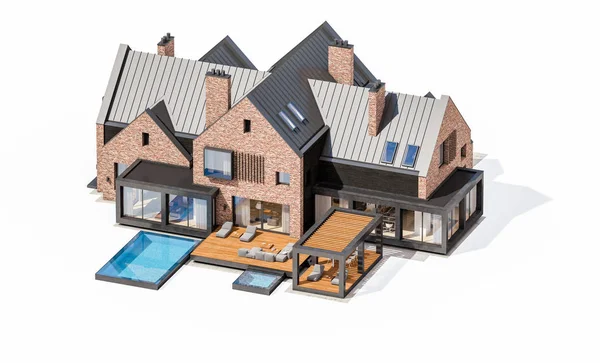 3D 渲染现代熟料房子在池塘与池 isol — 图库照片