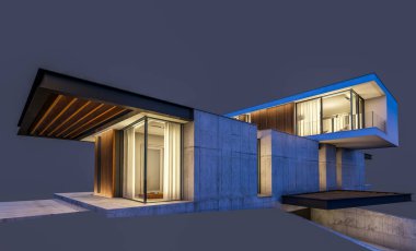 Gece isol havuz ile tepede modern evin 3d render