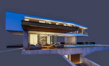 Gece isol havuz ile tepede modern evin 3d render