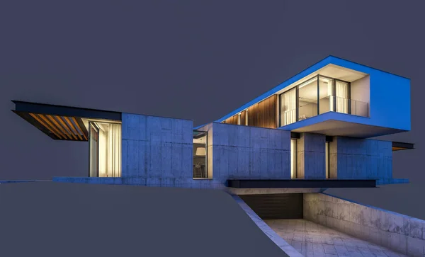 3D-rendering van modern huis op de heuvel met zwembad in de nacht isol — Stockfoto