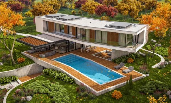 Rendering 3d della casa moderna sulla collina con piscina in autunno — Foto Stock