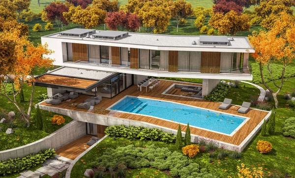 Rendering 3d della casa moderna sulla collina con piscina in autunno — Foto Stock