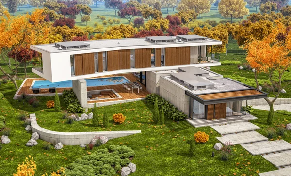 3D-Rendering des modernen Hauses auf dem Hügel mit Pool im Herbst — Stockfoto