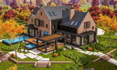 Bir havuz ile göletlerde modern klinker evin 3d render