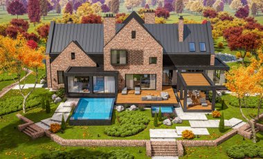 Bir havuz ile göletlerde modern klinker evin 3d render