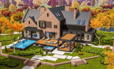 Bir havuz ile göletlerde modern klinker evin 3d render