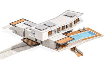 w üzerinde izole havuzu ile tepede modern evin 3D render