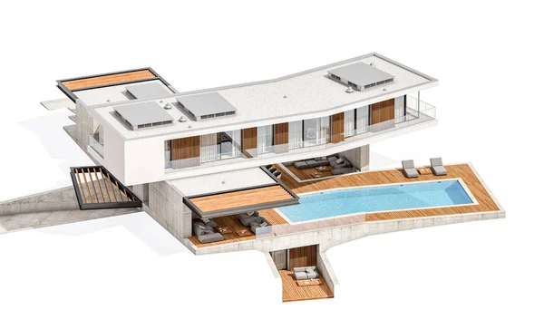 Prostorové vykreslování moderního domu na kopci s bazénem izolovaným na w — Stock fotografie