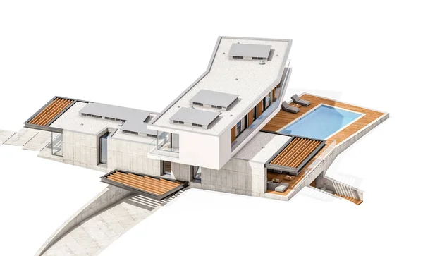 3d rendering af moderne hus på bakken med pool isoleret på w - Stock-foto