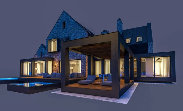 3d rendering af moderne klinker hus på damme med pool i n - Stock-foto