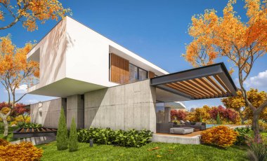 Sonbahar havuzu ile tepede modern evin 3D render