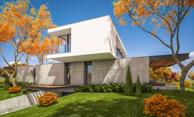 Sonbahar havuzu ile tepede modern evin 3D render