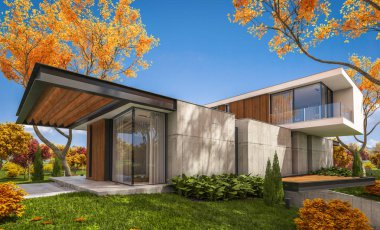 Sonbahar havuzu ile tepede modern evin 3D render