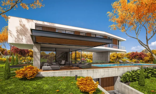 秋天与游泳池在山上的现代房子的3D渲染 — 图库照片