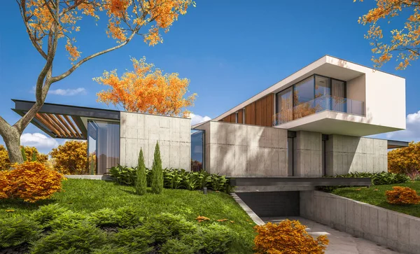 3d rendering of modern house on the hill with pool in autumn