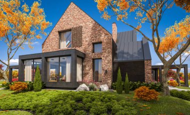 Bir havuz ile göletlerde modern klinker evin 3d render