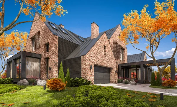 3D-Rendering von modernen Klinker-Haus auf den Teichen mit Pool in einem — Stockfoto