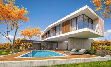 Sonbahar havuzu ile tepede modern evin 3D render