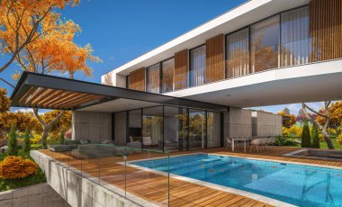 Sonbahar havuzu ile tepede modern evin 3D render